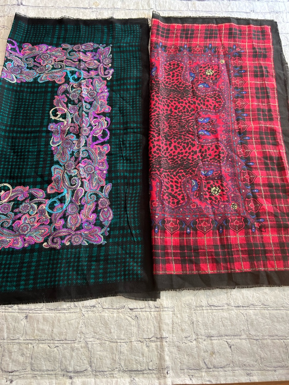 GLENTEX VINTAGE (2) SQUARE 100% ACRYLIC PLAID PAISLEY FLORAL SCARVES